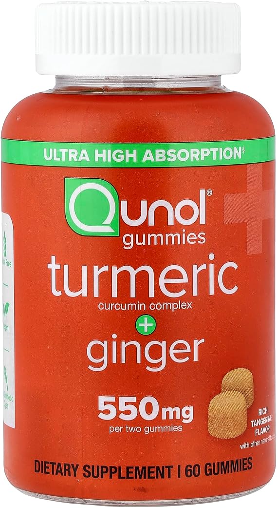 Qunol Turmeric Curcumin & Ginger Gummy, 550mg Enhanced Absorption 60ct | Delicious Vegan & Gluten Free Supplement that Supports Joint Health and Healthy Inflammation Response, Rich Tangerine Flavor