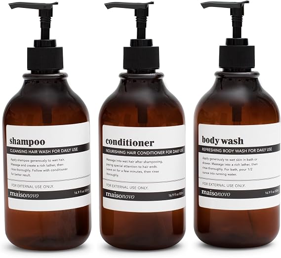 MaisoNovo Shampoo and Conditioner Dispenser Set of 3-500 ml Amber Classic Shampoo Bottles With Pump Black - Refillable Shower Soap Dispenser Set