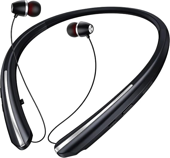 Bluetooth Headphones Neckband, Retractable Headset Wireless Sports Earbuds,CVC 6.8 Call Noise Cancelling Stereo Earphones with Microphone, IPX5 Sweatproof, Compatible with iPhone Android (Black)