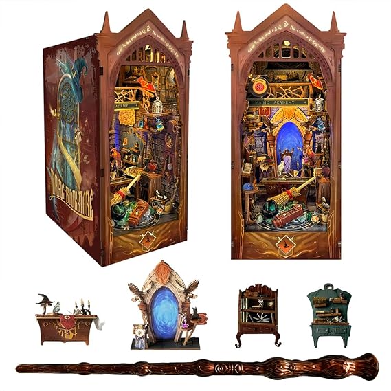 DIY Book Nook Kit with Remote Wand 3D Wooden Puzzle Dollhouse Miniature Booknook Creative Bookend Bookshelf Decor for Adults - Magic Academy (SQ-38)