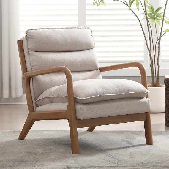 Mid Century Modern Accent Chair with Wood Frame, Upholstered Reading Armchair with Waist Cushion, Double Padded Accent Chair, Side Chair for Living Room Bedroom Office, Easy Assembly, Beige