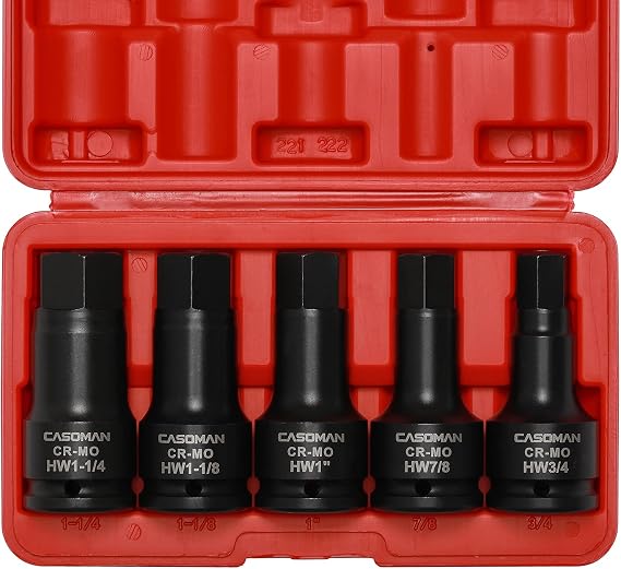 CASOMAN 3/4 Inch Drive Impact Hex Driver Set, 5-Pieces, SAE, 3/4", 7/8", 1", 1-1/8", 1-1/4", 3/4" Drive Master Impact Hex Bit Set, CR-MO, Impact Grade, One-Piece Construction