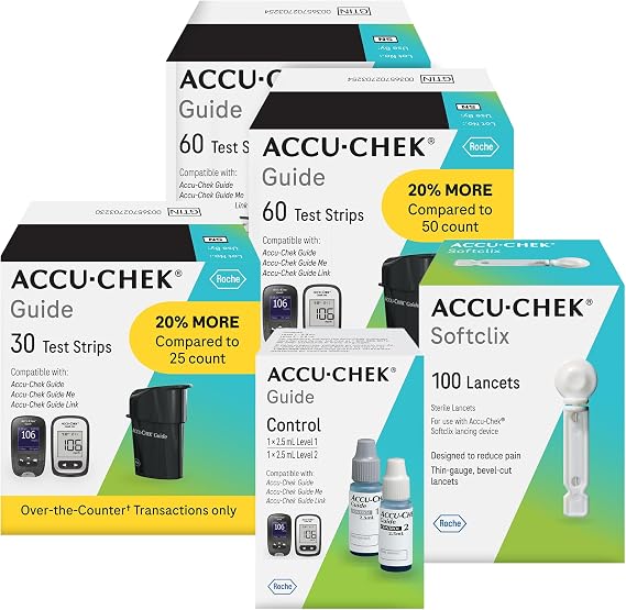 Accu-Chek Guide Test Strips and Softclix Lancets Supply Bundle for Diabetic Blood Sugar Testing: 150 Guide Test Strips, 100 Softclix Lancets, and Guide Control Solution