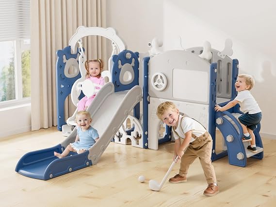 YUFU Toddler Slide & Swing Set, 13 in 1 Indoor Outdoor Playset, Blue Gray | Features slide, climber, swing, golf set, basketball hoop and more, sturdy & safe design, easy assembly, ideal gift for kids