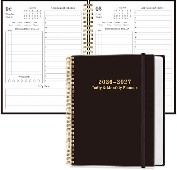 Daily Planner 2026-2027 - July 2026 to June 2027, 7" x 10", Black | Spiral Bound, daily planner june 2026-2027 with Inner Pocket, Hourly Schedule, Perfect for School & Office Supplies