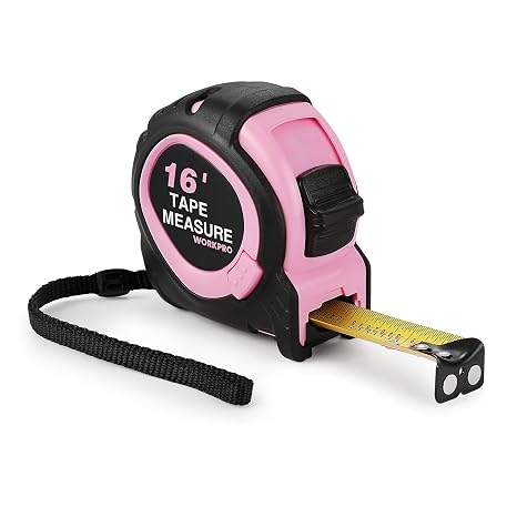 WORKPRO 16-FT Tape Measure with Fractions, 3 Brakes Retractable Measuring Tape, Compact Measurement Tape with Magnetic Hook, Nylon Coating Blade Accuracy 1/32, Pink
