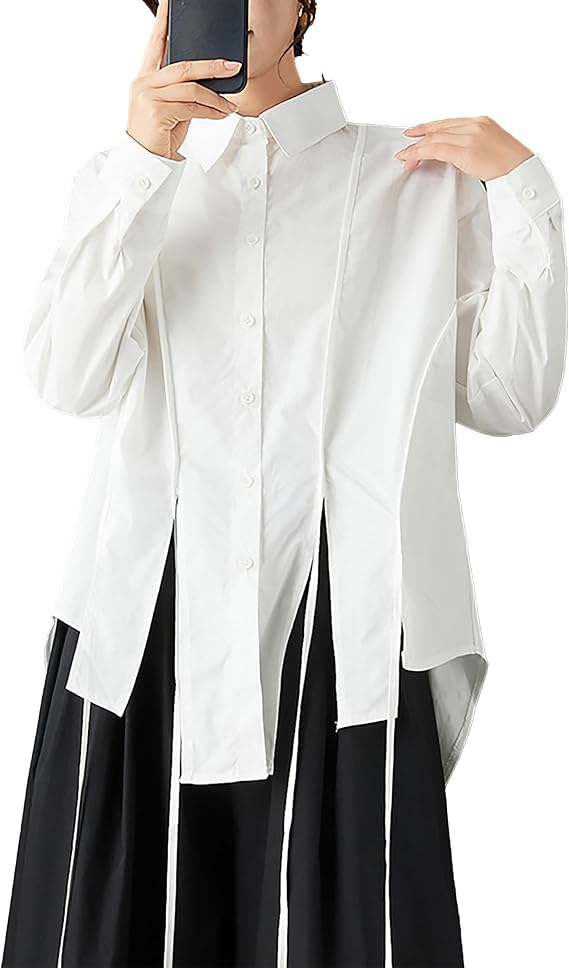ellazhu Women's Shirt Lapel Button Down Long Sleeve Solid Irregular Hem Plus Size GZ713