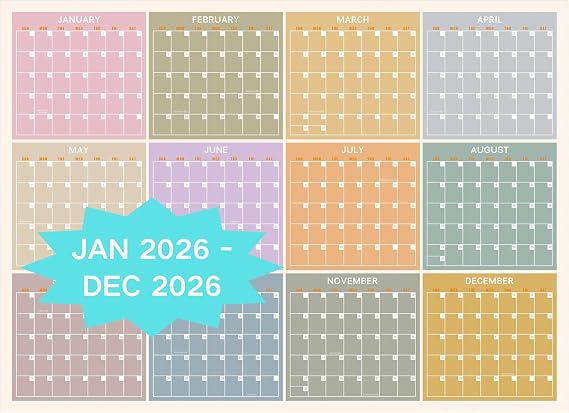 2026 Yearly Wall Calendar, Colorful Large Wall Calendar One Glance, 12 Month Calendar for Wall One Page, Horizonal, 32X45(Open), Paper Folded