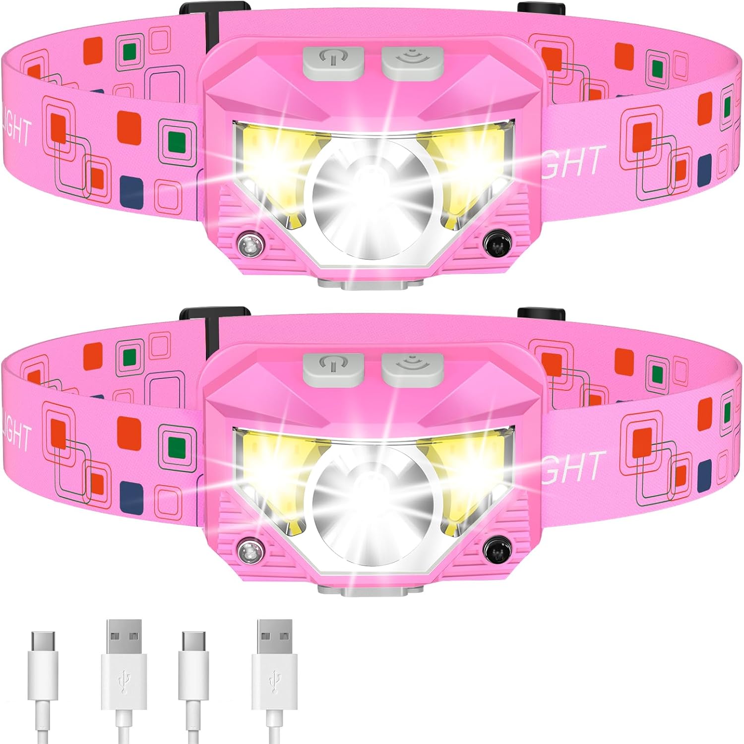 LHKNL Headlamp Flashlight, High Lumen Bright LED Rechargeable Headlight with White Red Light, 2-Pack Waterproof Motion Sensor Head Lamp, 8 Mode for Camping Running Hiking Fishing Gear- Pink