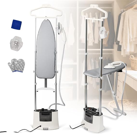 Standing Garment Steamer with Rotating Nozzle, 1500W Upgraded Steamer for Clothes Heats in 25s for 60min Steam, 1.6L Tank, Self-Cleaning, Dual-Protection Tech, Ironing Board, Hanger, Gloves