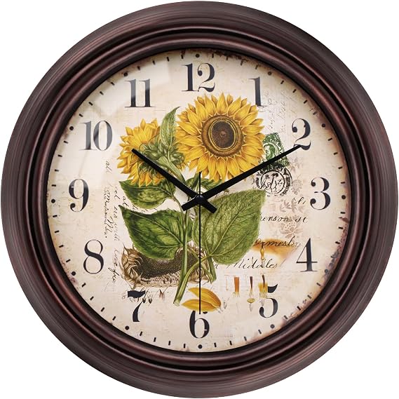 VIKMARI 12 Inch Vintage Sunflower Wall Clock Silent Kitchen Living Room | Easy-read numerals, silent sweep movement, tempered glass and ABS frame for kitchen, bedroom, office and living room.