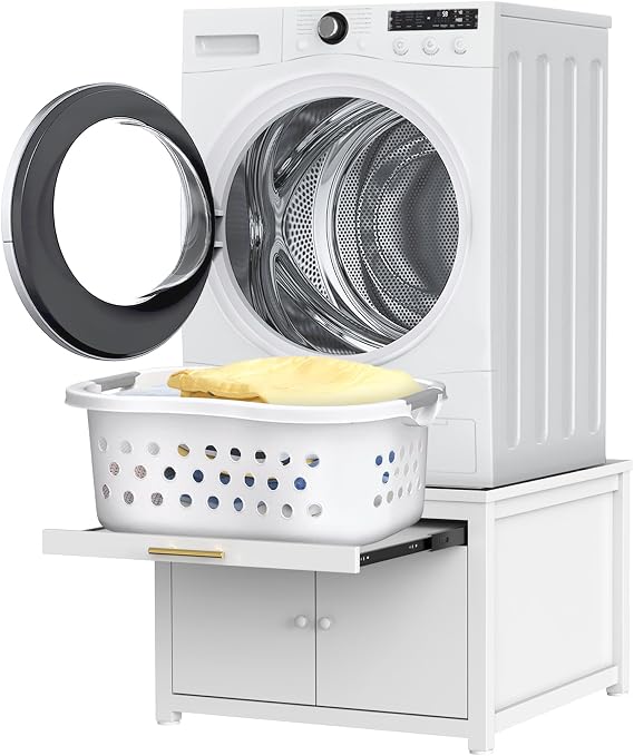 GDLF 29" Laundry Pedestal, Washer Dryer Pedestal with Storage, White | 19.6" Raised Height, Pull-Out Laundry Basket Shelf, 770 lbs Support, Anti-Vibration Design, Drain Pan with Hose
