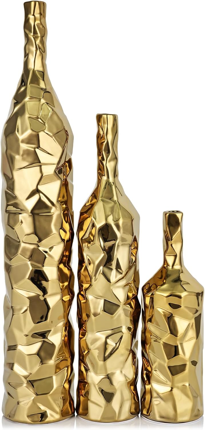 19.6" Tall Gold Floor Vase Set of 3 - Ceramic Large Vases for Living Room, Entrance Table Centerpieces, Modern Skinny Vases for Pampas Grass, Boho Single Flower Decorative