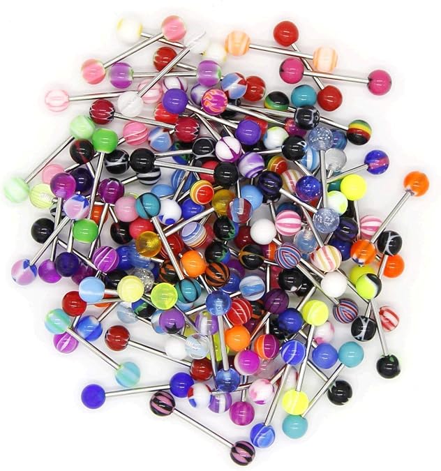 110Pcs Wholesale 14g Tongue Ring Barbells Stainless Steel Bar Tongue Rings Assorted Colors for Women Man | 316L Stainless Steel & Acrylic Tongue Piercing Jewelry Set for Women, Removable Balls, 14G 16mm Barbell Tongue Rings