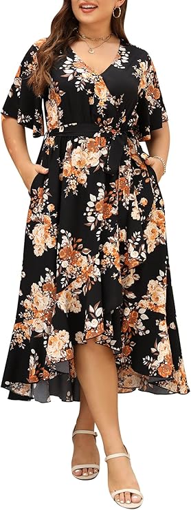 Keluummi Plus Size Maxi Dress for Women V-Neck Floral Empire Waist 3/4 Sleeve with Pockets