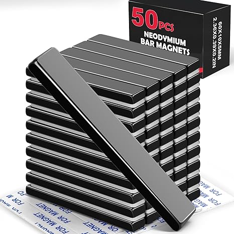 LOVIMAG Strong Neodymium Magnets, 50 Pack-2.36x0.39x0.2In | Rare Earth Metal Bar Magnet with Adhesive Backing, Heavy Duty Magnetic Strip for Fridge, Office, Kitchen, Black