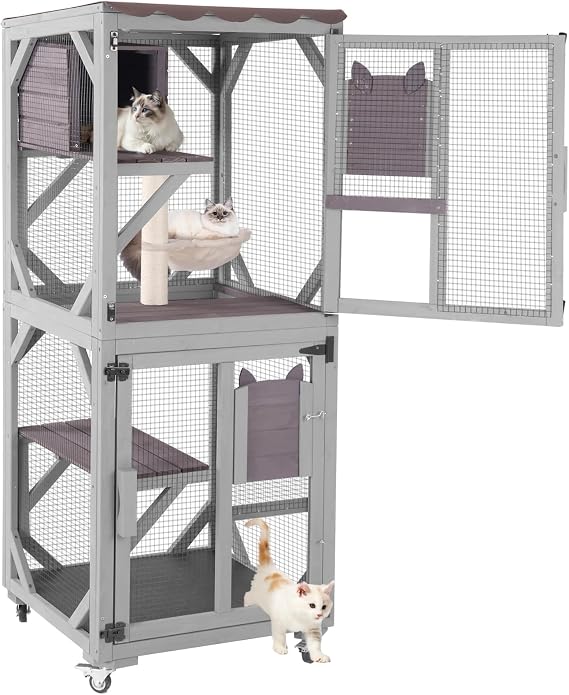 Catio Outdoor Cat Enclosure, 4 Tiers Outdoor Cat House with Wheels, Kitty Cages Indoor Large Window Catio -Waterproof Roof