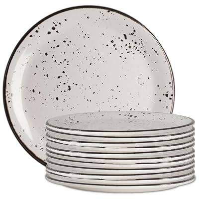 Creations Melamine Dinner Plates, Steelite Heavy Duty Break Resistant Commercial Foodservice Restaurant Grade, Urban Snow Coupe 10 Round, Black Rimmed, Rustic Flecked, Indoor Outdoor, 12 Set, White
