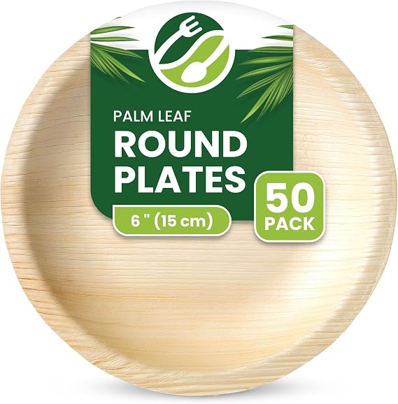 50-Piece Disposable Palm Leaf Round Dinner Plates - 6" (15cm), Rustic, Microwave & Oven Safe, Eco-Friendly, Strong & Leak-Proof, Perfect for Hot Food, Small Dessert & Side Dishes