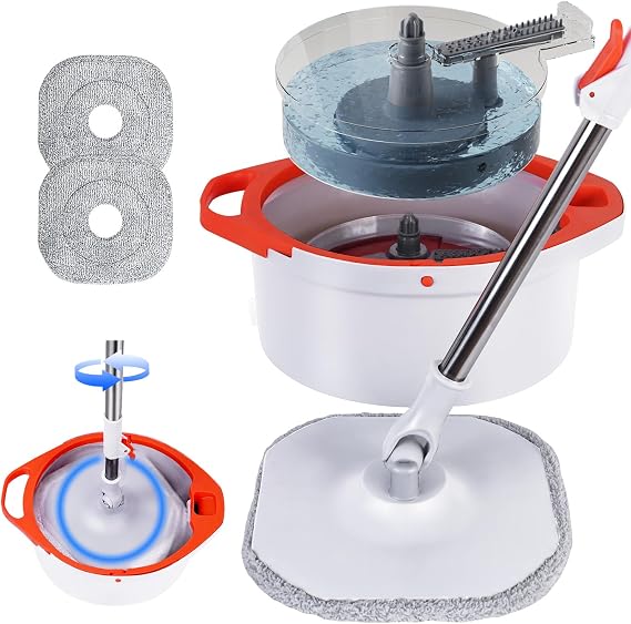 Spin Mop and Bucket Set with Separate Dirty and Clean Water,360 Spin Mop and Bucket System with Widening Foldable Handle,2 Replaceable Mop Pads,Square Mop for Floor Hardwood Tile Marble Wall Cleaning