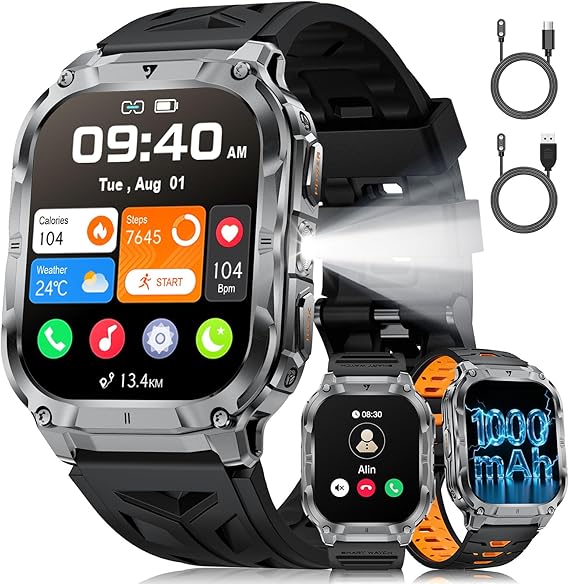 2.0" Military Smart Watch for Men with Flashlight, Make/Answer Calls, 1000mAh, IP68 Waterproof, 100+ Sport Modes Fitness Tracker for Workout Outdoor iOS Android Compatible, Black