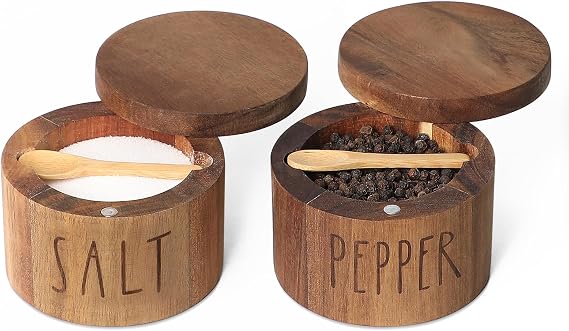 Acacia Wood Spice Box with Swivel Lid and Built-in Spoon for Kitchen Countertop,Farmhouse Kitchen Decoror for Storing Salt, Peppers, Sugar or Seasonings (Labeled SALT & PEPPER)