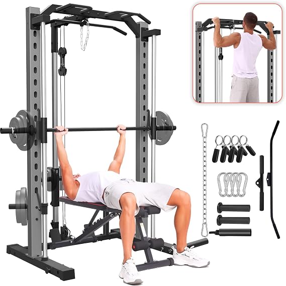 OPPSDECOR All in One Smith Machine, 1400LBS Multi-Functional Smith Machine Home Gym, Squat Rack with LAT-Pull Down System, Power Rack with Barbell Bar, Power Cage with Attachments Full Body Training
