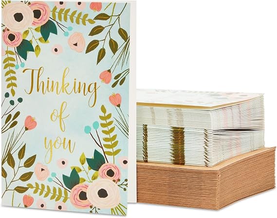 BEST PAPER GREETINGS 48 Pack Thinking of You Cards Bulk with Brown Envelopes, Gold Foil and Floral Design (4x6 In) - Thinking of You Cards with Envelopes