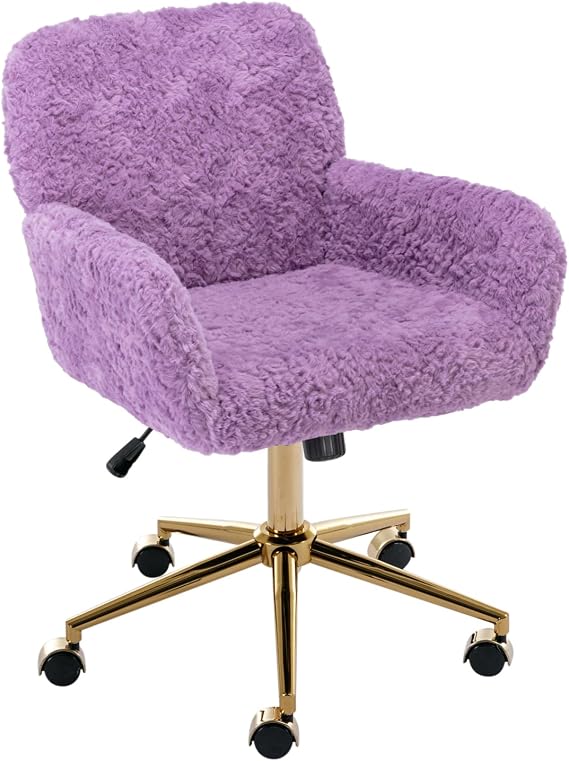 Warmiehomy Furry Cute Office Chair- Modern Swivel Desk Chair with Wheels- Makeup Vanity Chairs with Back - Alpaca Fleece Upholstered Rolling Chairs for Vanity Makeup Room Girls Women Violet