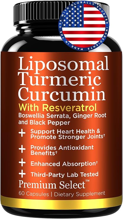 Liposomal Turmeric Supplement Liposomal Curcumin Capsules with Resveratrol, Boswellia Serrata, Turmeric and Ginger Supplement for Men & Women, Enhanced Absorption - Third-Party Lab Tested, Made in USA