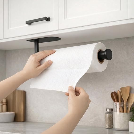 Paper Towel Holder Under Cabinet, Self Adhesive or Screw Mount, Fits Most Standard US Paper Towel Rolls, SUS304 Stainless Steel, Black