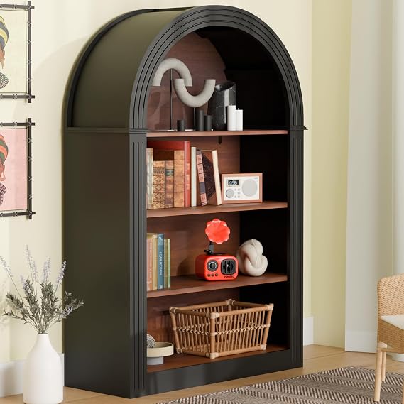 Black Arched Bookshelf, Modern 4-Tier Short Arched Bookshelf, 45.66" Wooden Bookshelves, Curved Display Cabinet with Open Shelf for Home Office, Living Room, Bedroom, Entryway
