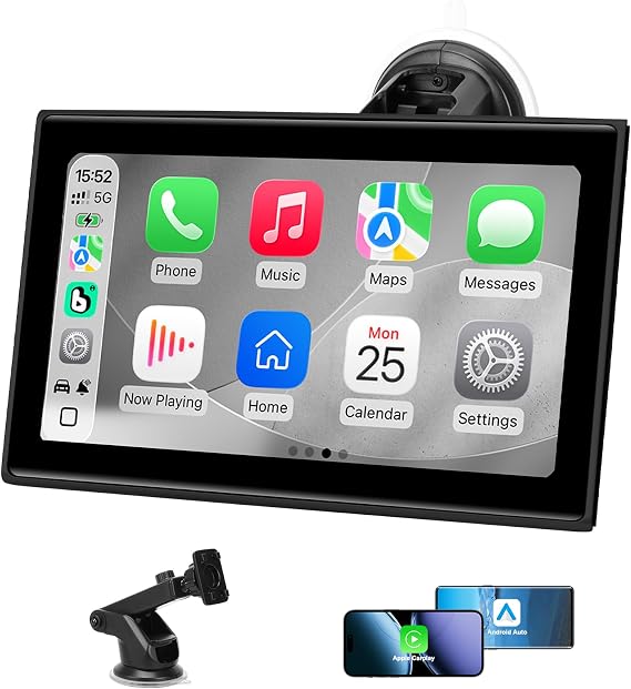 Carplay Screen for Car,7" Portable Wireless Carplay & Android Auto - HD Touchscreen Car Play with Bluetooth, Mirror Link, Live Map,Voice Control, FM Transmit (Black)