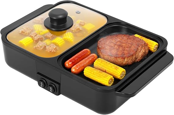 2-in-1 Electric Grill with Hot Pot, Non-Stick Electric Hot Pot Barbecue Grill Split-Design Baking Tray, Portable Multifunctional Smokeless Korean BBQ Grill for Indoor & Outdoor (Black)