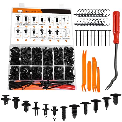 260PCS Car Bumper Retainer Clips Kit - Auto Plastic Rivets & Push Fasteners Set, Most Popular Sizes for Door Trim, Panel, Fender - Compatible with GM, Ford, Toyota, Honda, Chrysler