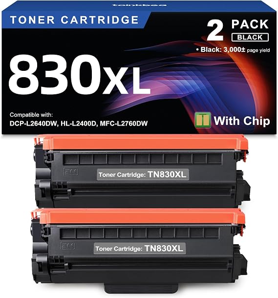 TN830XL Toner Cartridge Compatible for Brother Printer HL-L2460DW 2PK Black | Replacement for Brother TN830 TN830XL TN-830XL DCP-L2640DW HL-L2405W MFC-L2820DW MFC-L2900DW Printer With Chip | 6000 Pages