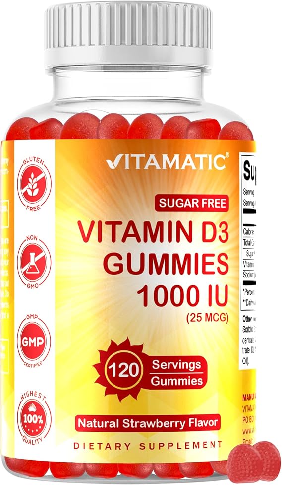Vitamatic Sugar Free Vitamin D3-120 Pectin Based Gummies - Great Taste - Healthy Bones, Mood & Immune System Function - Non-GMO - 120 Servings (1000 IU)