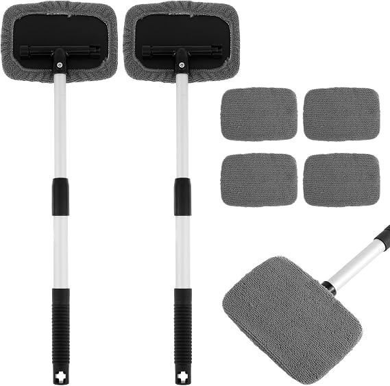 2Pcs Car Window Cleaner, Extendable Car Windshield Cleaning Tool, Microfiber Car Window Cleaner Reusable Car Windshield Window Cleaner Tool for Car Exterior and Interior Glass Home Office
