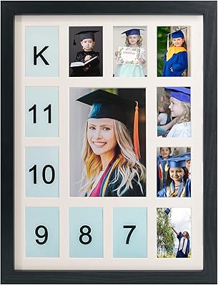 GMFrames School Days Photo Frame K-12 School Years Picture Frame Graduation Photo Collage Black Frame with Mat, Displays One 5x7 Photo and Twelve 2.5x3.5 Pictures