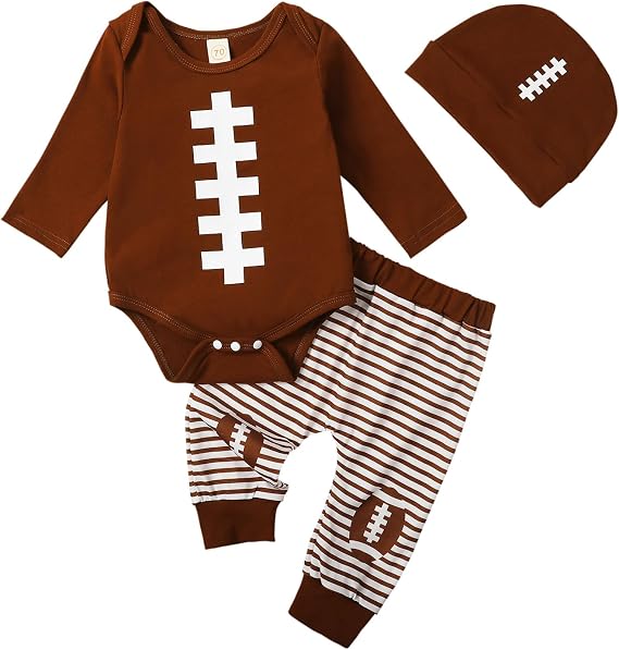 Newborn Baby Boy Football Outfit My First Game Day Long Sleeve Romper Football Jogger Pants+Hat Fall Winter Clothes