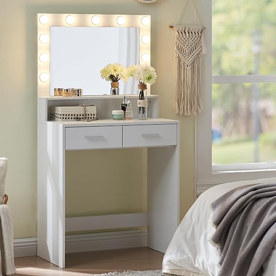 Makeup Vanity Desk with Mirror & Light, Cute Vanity Makeup Table with 11 Adjustable Bulbs & 2 Large Drawers, Small Vanity Table for Bedroom or Dressing Room (White)