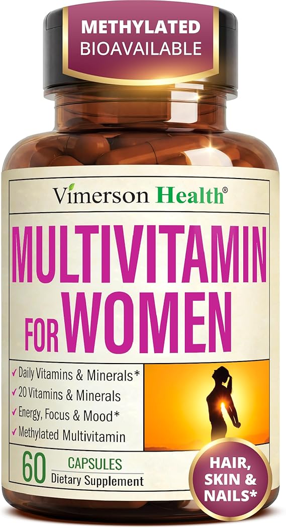 Vimerson Health Multivitamin for Women: Methylated B Vitamins, Chelated Minerals and Bioavailable D3 for Focus and Energy Support Daily Womens Multivitamins and Multiminerals 60 Capsules
