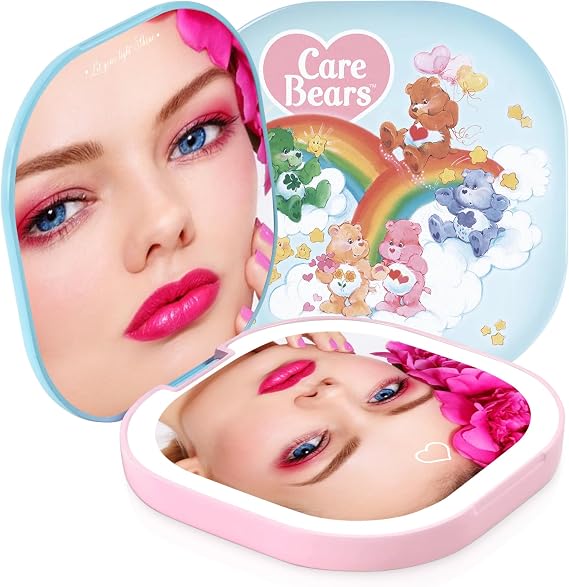 Impressions Vanity Care Bears LED Compact Mirror for Purse, Lighted Travel Makeup Mirror with 3X Magnification, Auto Shut Off Daylight LED Lighting, Adjustable Brightness and Touch Sensor (Blue/Pink)