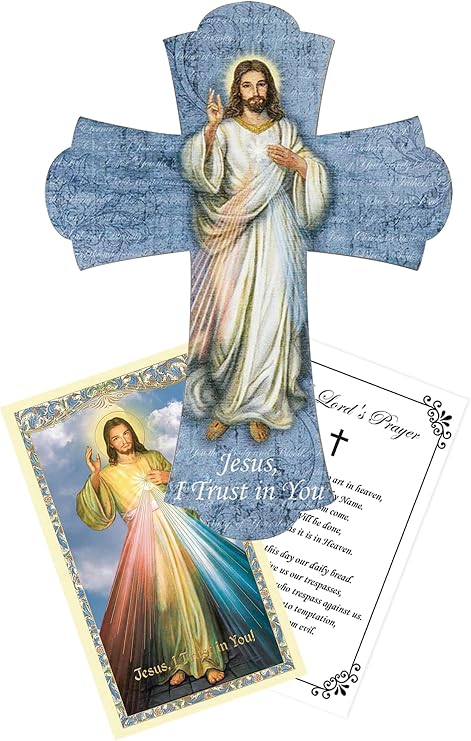 Divine Mercy Picture - Divine Mercy Door Blessing, Divine Mercy Prayer Card, The Lord's Prayer Card | Divine Mercy Image Wood Cross Plaque Set | Divine Mercy Wall Hanging For Home Decor, Art | 3 Items