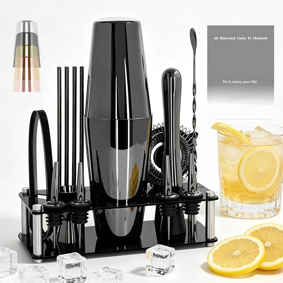 Professional Cocktail Shaker Set with Stand Cocktail Recipes, 15-Piece 750/600ml Bartender Kit, Bar Sets Bartending Kit Bar Tool Set 25/20oz Boston Shakers, Jigger, Muddler (Black)