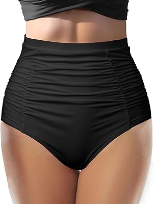 Womens High Waisted Bikini Bathing Suit Bottoms Swimsuits Tie Side Tummy Control Full Coverage Swimwear Ruched Tankini Briefs Suit Black
