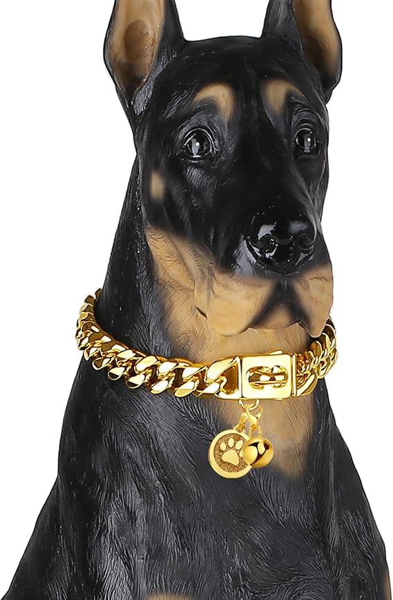 Gold Dog Collar 12mm Cuban Link Collar with Secure Snap Buckle 18K Metal Stainless Steel Dog Chain Collars for Dogs for Puppy Small Medium Large Dogs Includes Dog tag & Bell.(10")