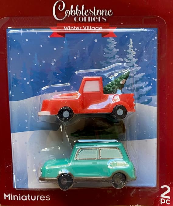 Cobblestone Corners Christmas Village Collection Piece Figurine Miniatures - 3 Pieces (Green Car & Red Truck)