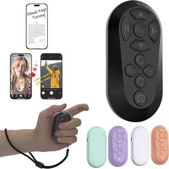 Bluetooth Remote Controller for TikTok Scrolling/Camera/Video Recording/Kindle App Compatible with iOS/Android (Black)
