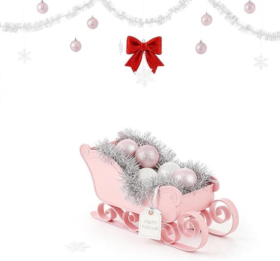 DOITOOL Christmas Sleigh Ornament, Desktop Xmas Decoration, Santa Sleigh Adornment for Holiday Tabletop, Christmas Tree Hanging Ornament, 11.02 x 4.72 x 4.13 Inch (Pink)